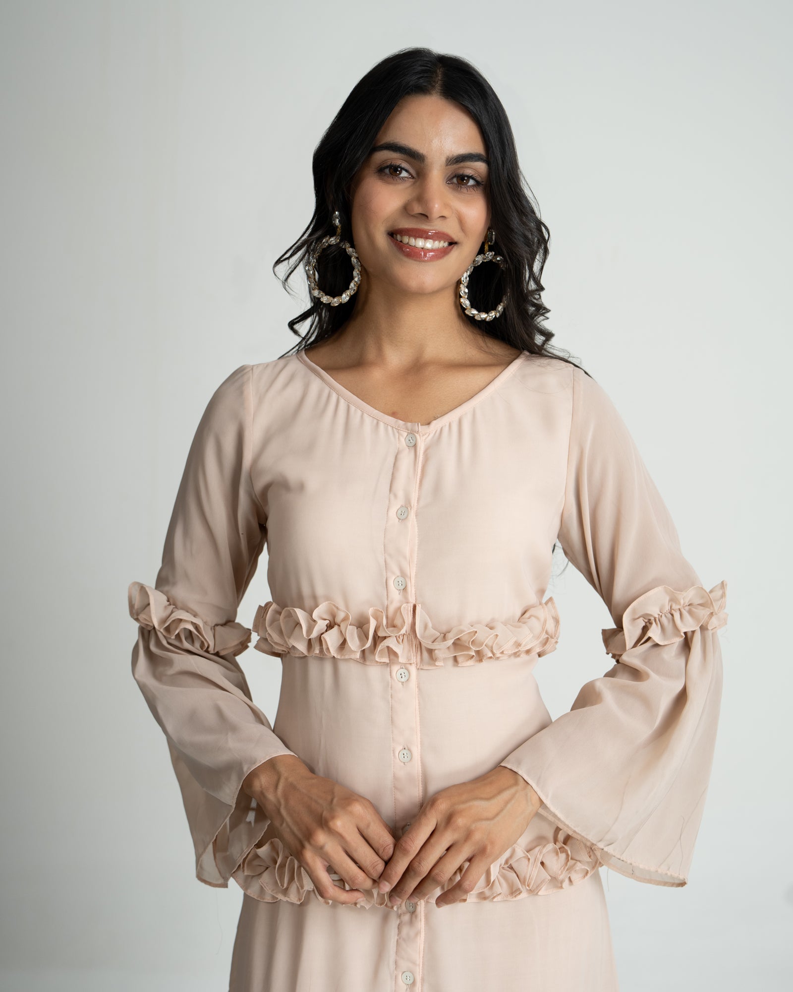 Peach georgette frill maxi dress