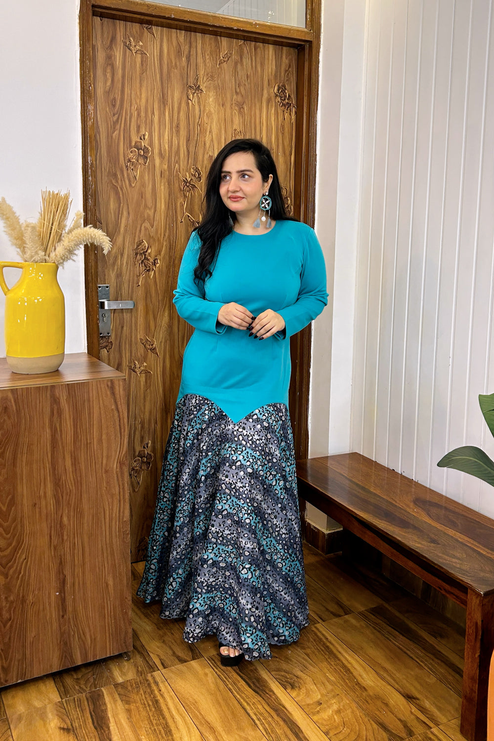 Blue and Grey Printed Maxi Dress