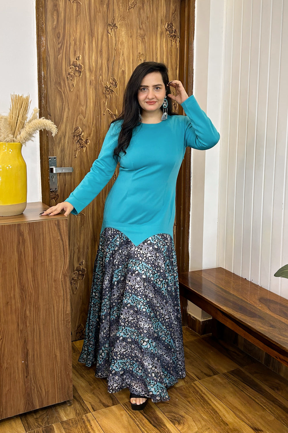 Blue and Grey Printed Maxi Dress