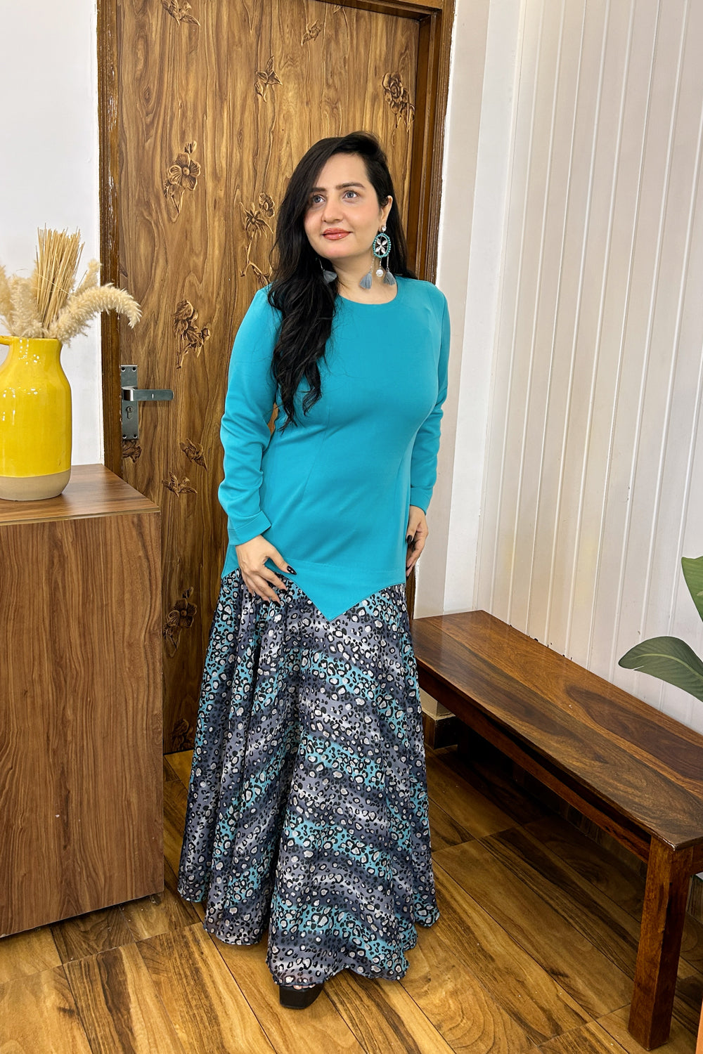 Blue and Grey Printed Maxi Dress