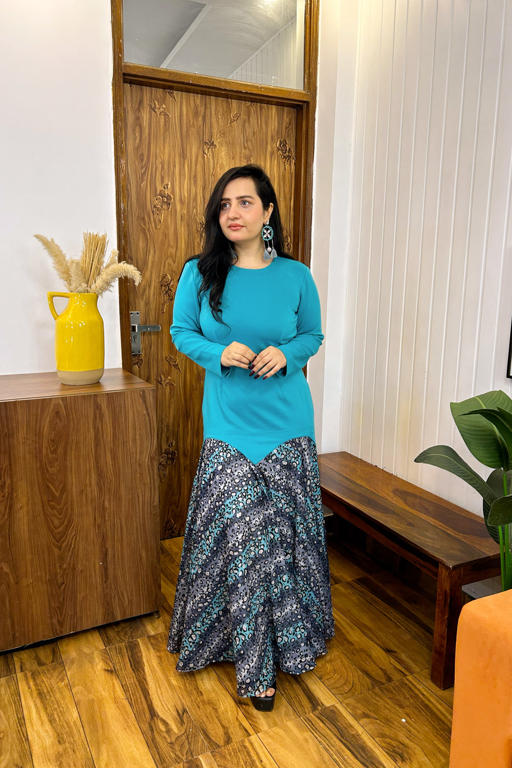 Blue and Grey Printed Maxi Dress