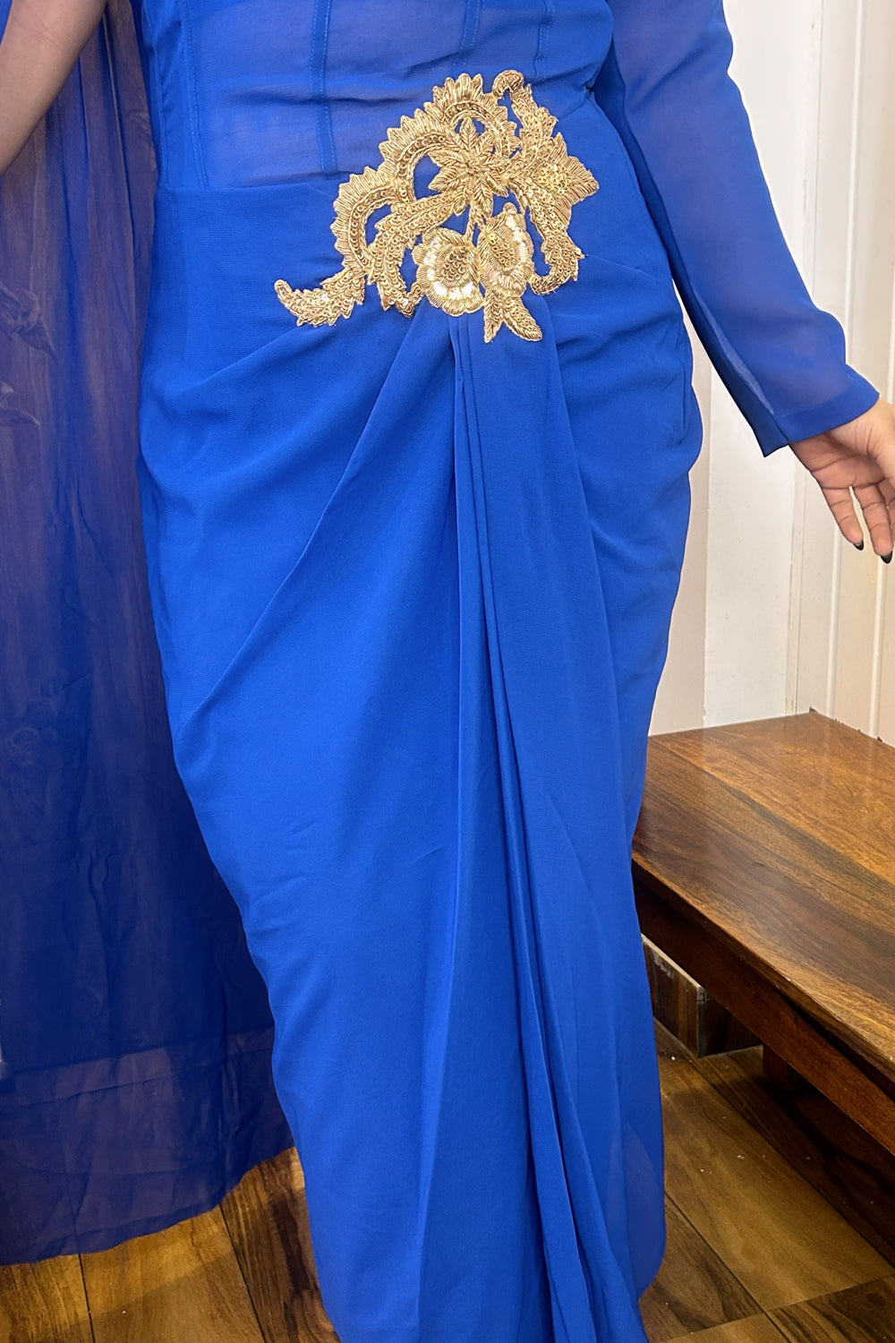 Blue Draped Dress with Golden Patch