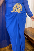 Blue Draped Dress with Golden Patch