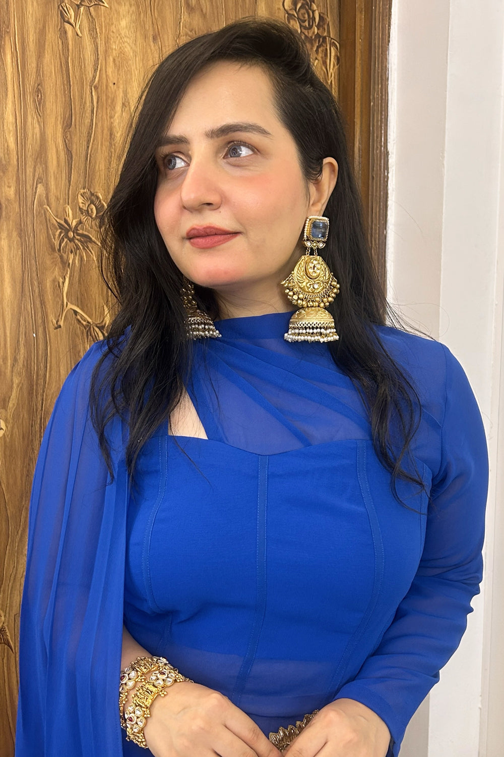Blue Draped Dress with Golden Patch
