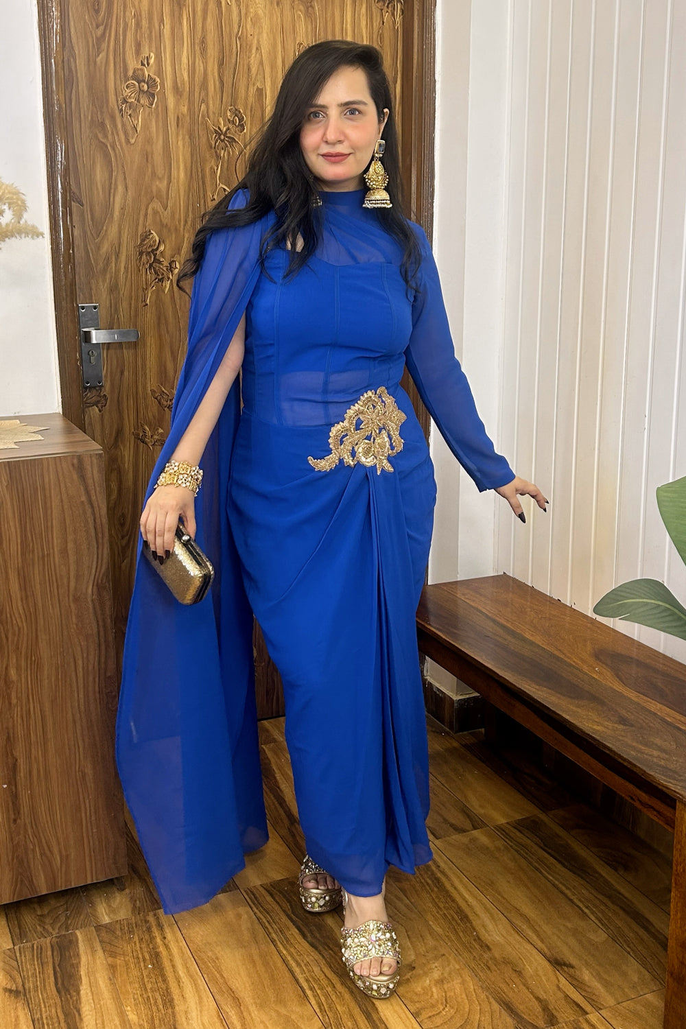 Blue Draped Dress with Golden Patch