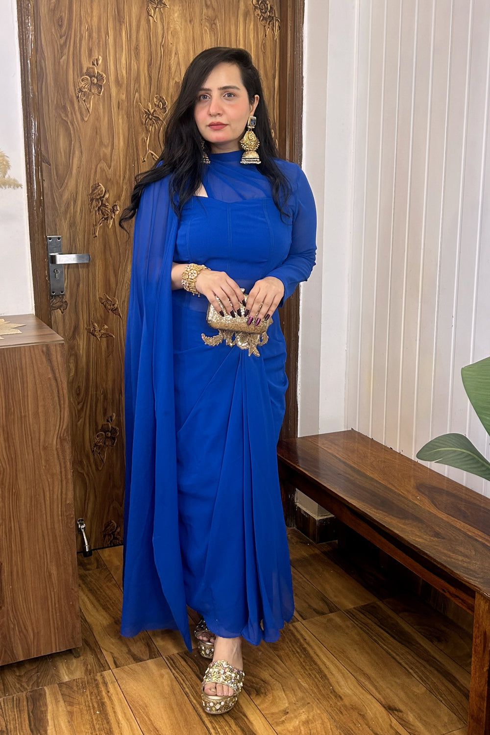 Blue Draped Dress with Golden Patch