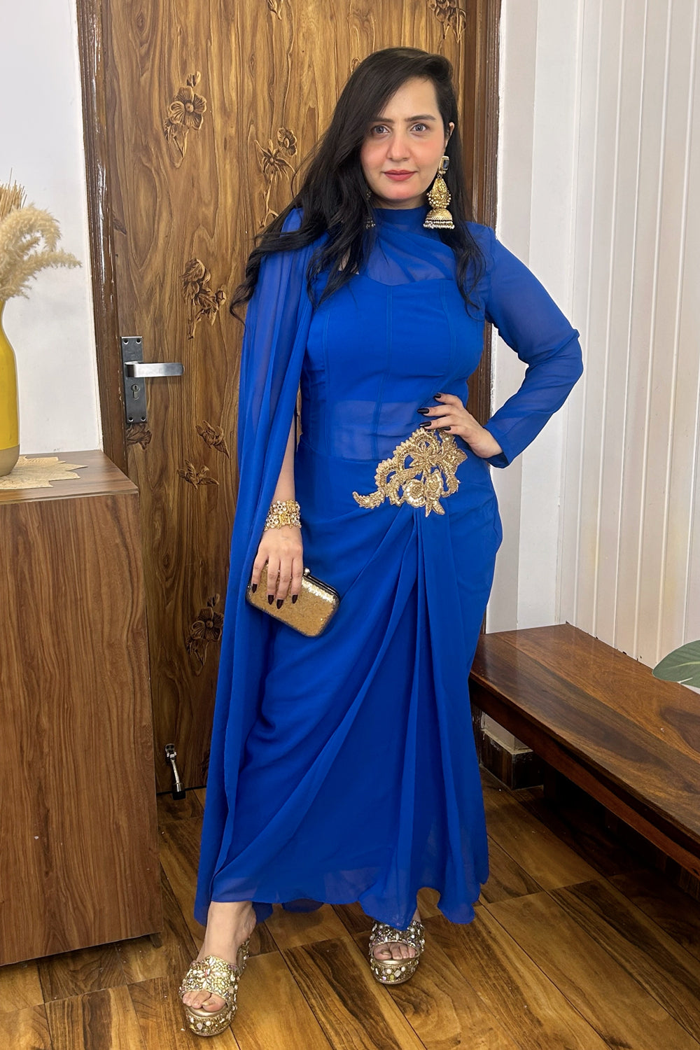 Blue Draped Dress with Golden Patch