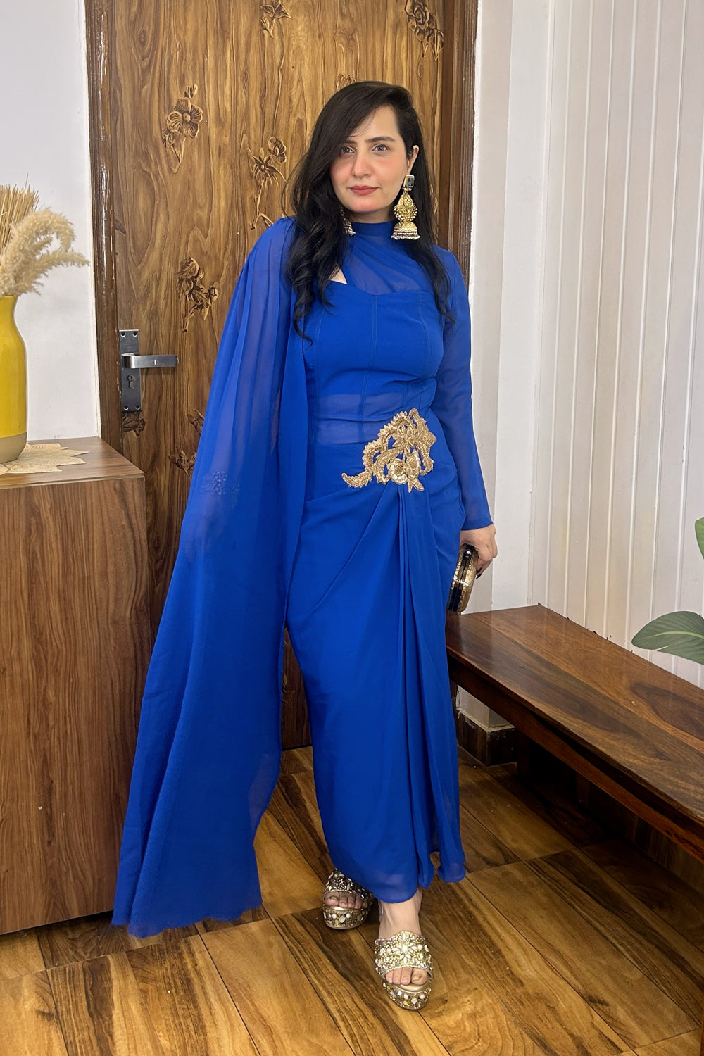 Blue Draped Dress with Golden Patch