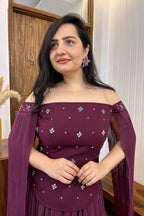 Wine Handwork Top with Pleated Skirt Set