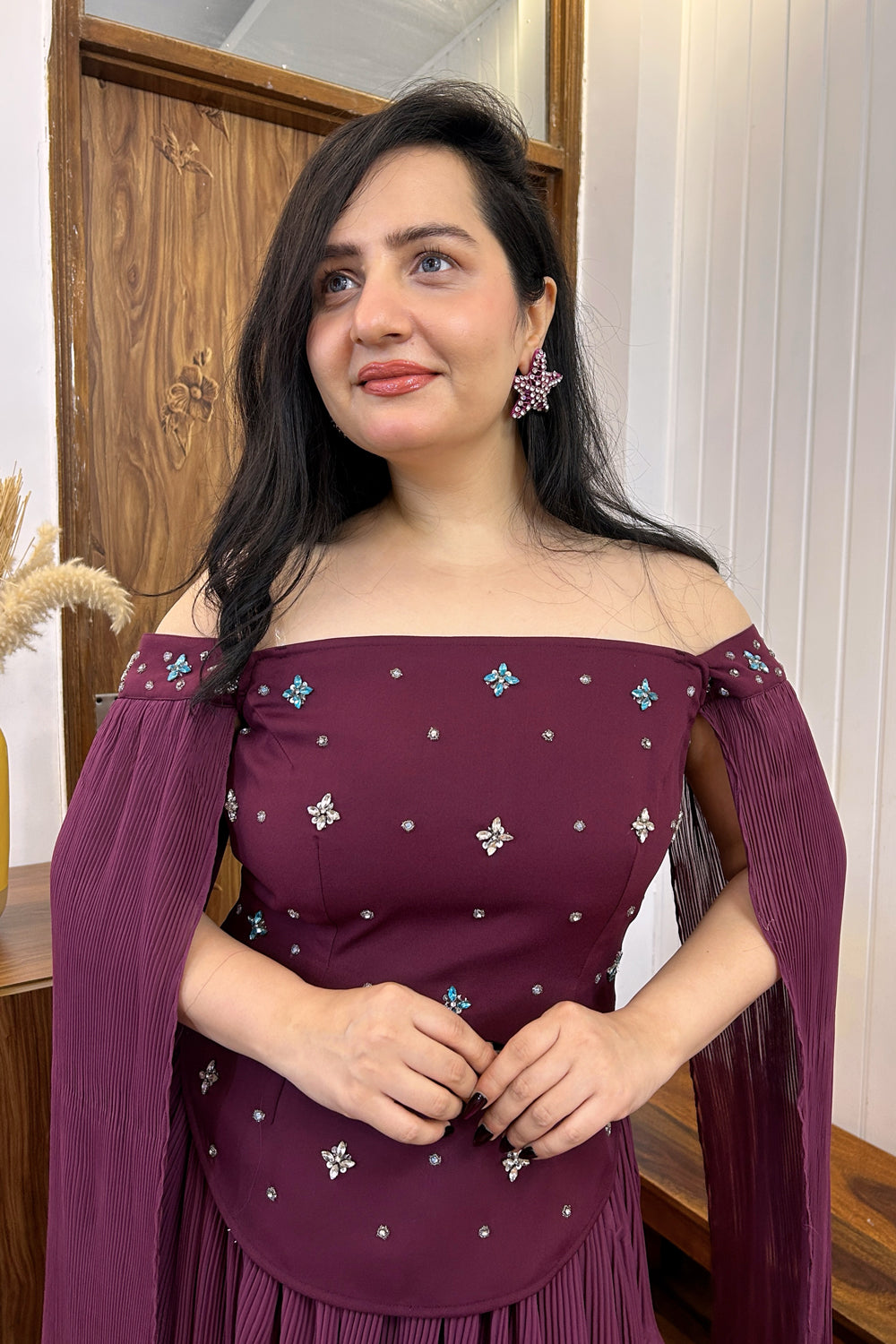 Wine Handwork Top with Pleated Skirt Set