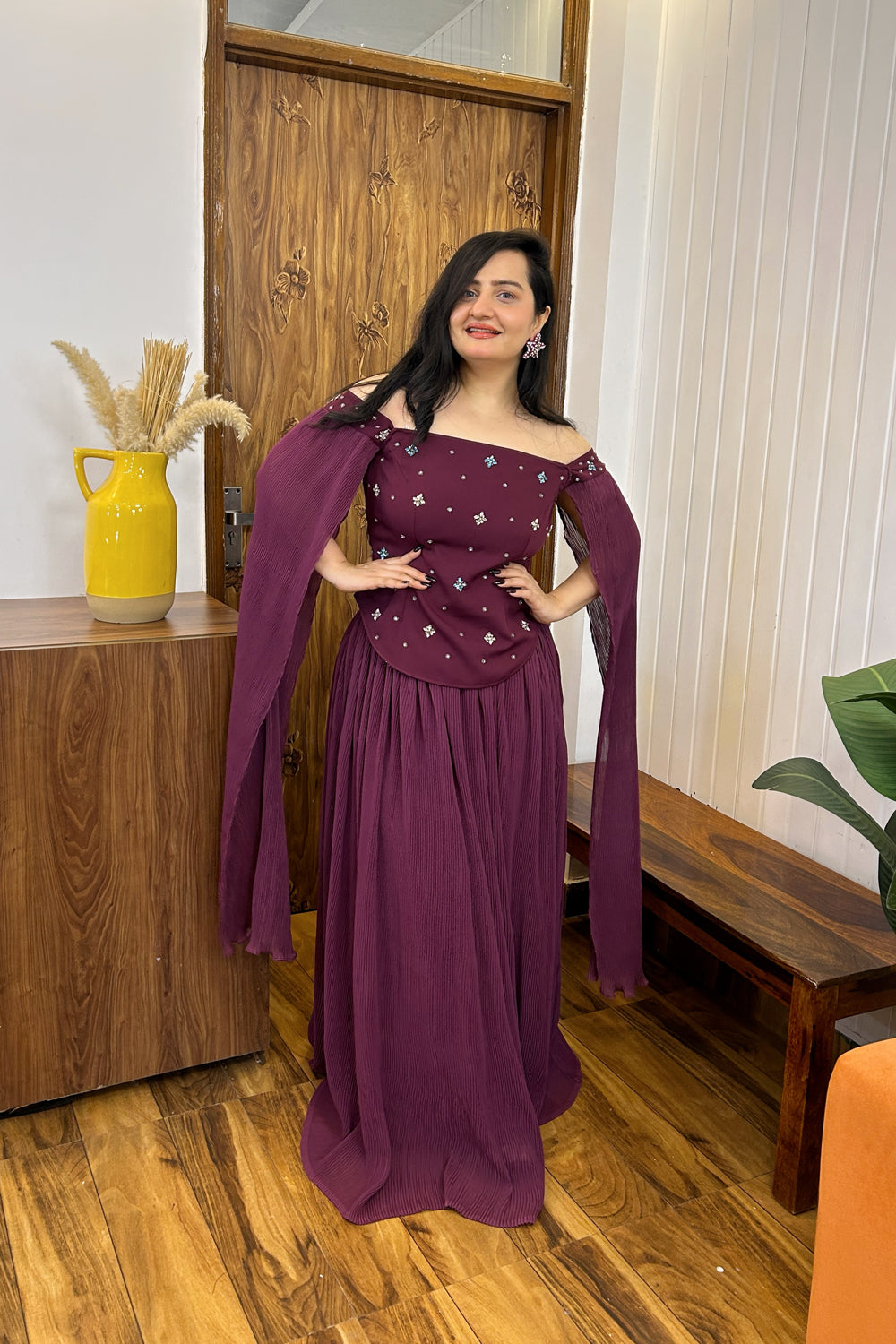 Wine Handwork Top with Pleated Skirt Set