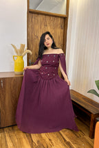 Wine Handwork Top with Pleated Skirt Set