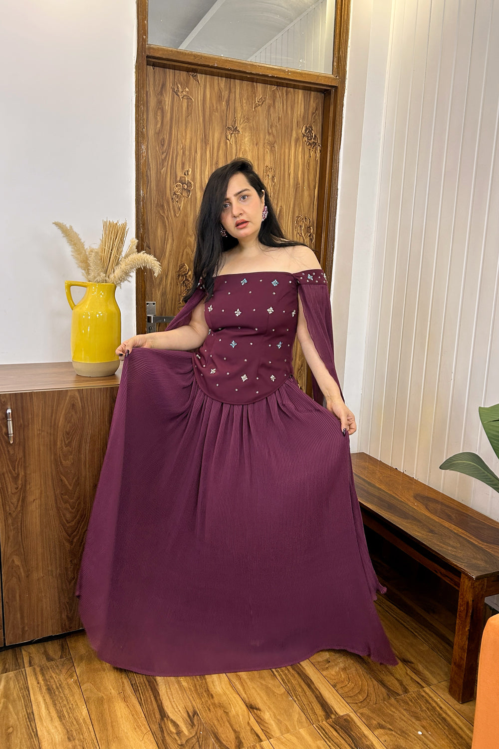 Wine Handwork Top with Pleated Skirt Set