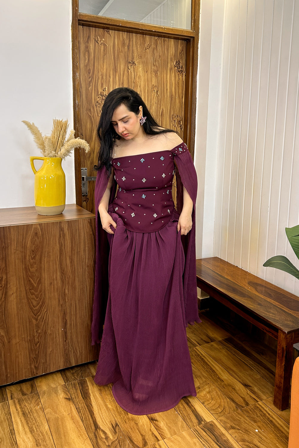 Wine Handwork Top with Pleated Skirt Set