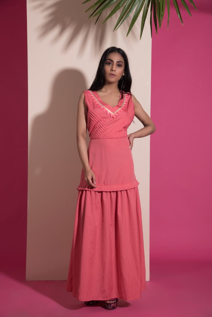 Peach and Pleats Maxi Dress