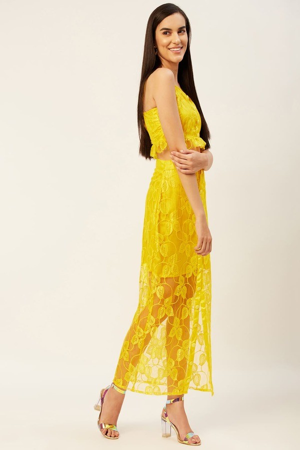 Yellow Self Design Top with Skirt