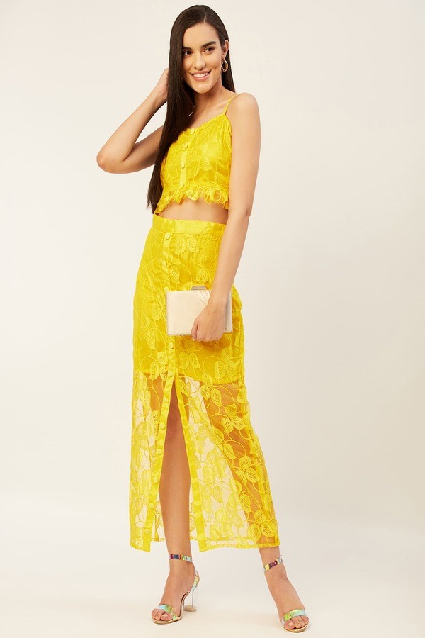 Yellow Self Design Top with Skirt