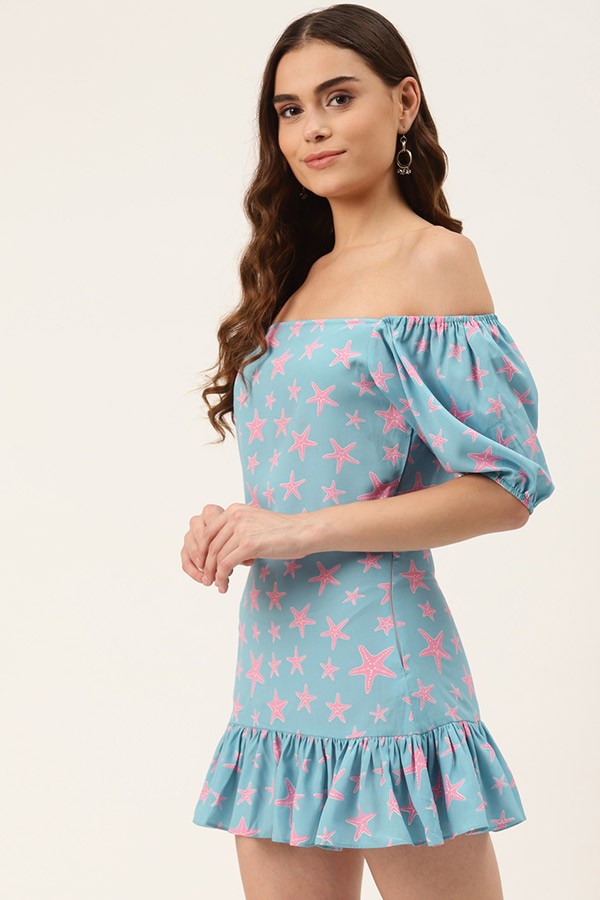 Off-Shoulder Crepe Blouson Mini Dress