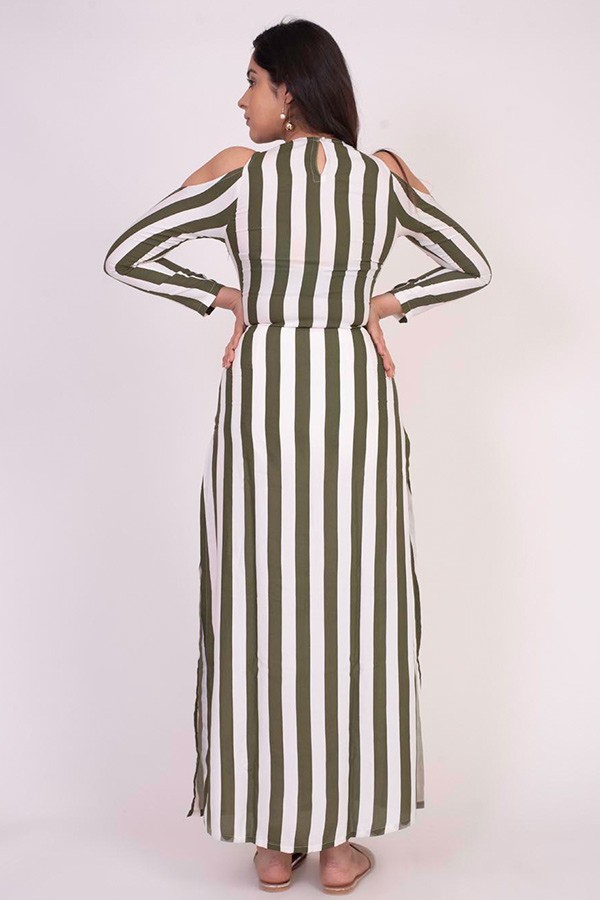 Green Stripes Cold Shoulder Kurti