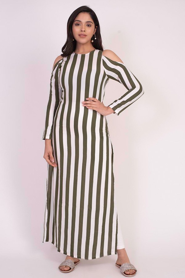 Green Stripes Cold Shoulder Kurti