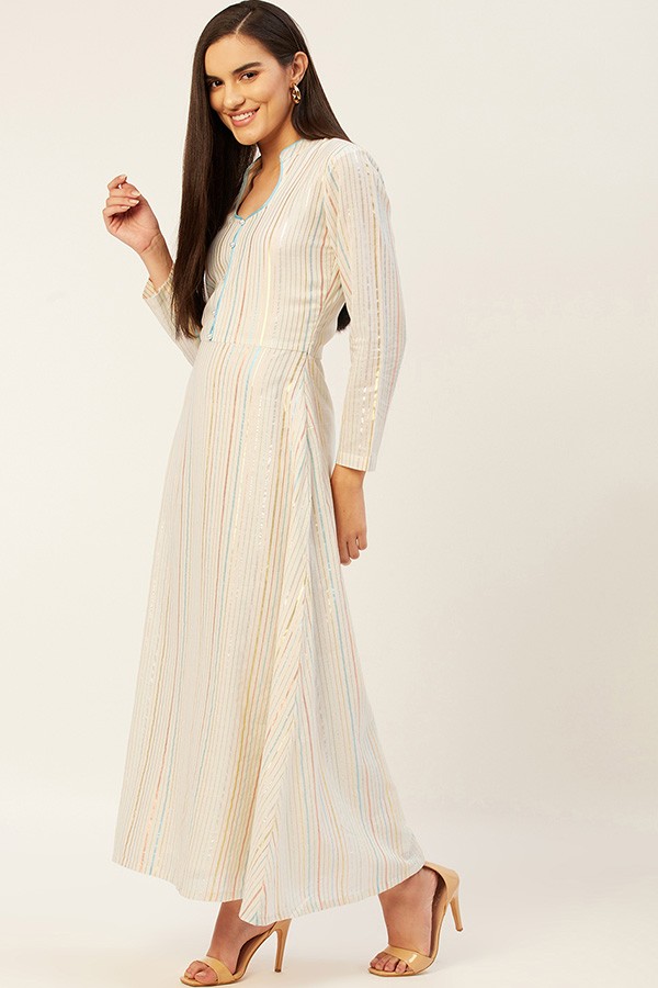 White Striped A-line Maxi Dress