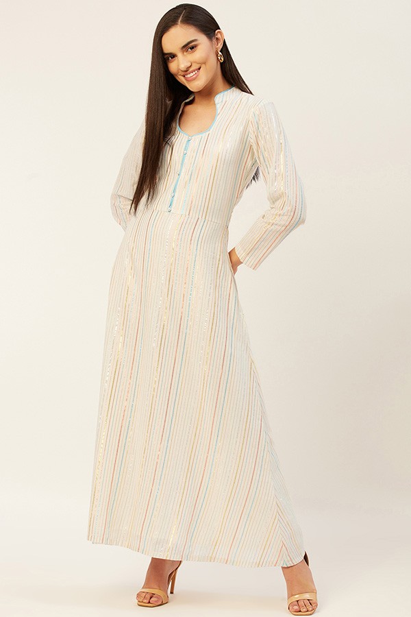 White Striped A-line Maxi Dress