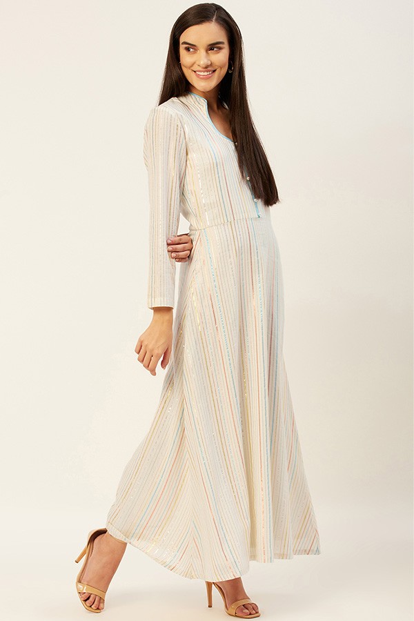 White Striped A-line Maxi Dress