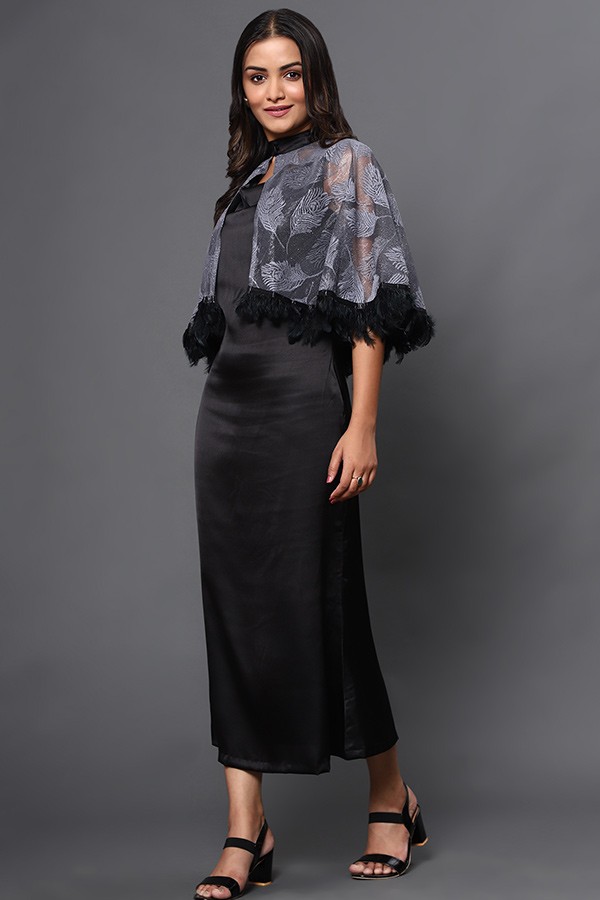 Cowl satin maxi with cape