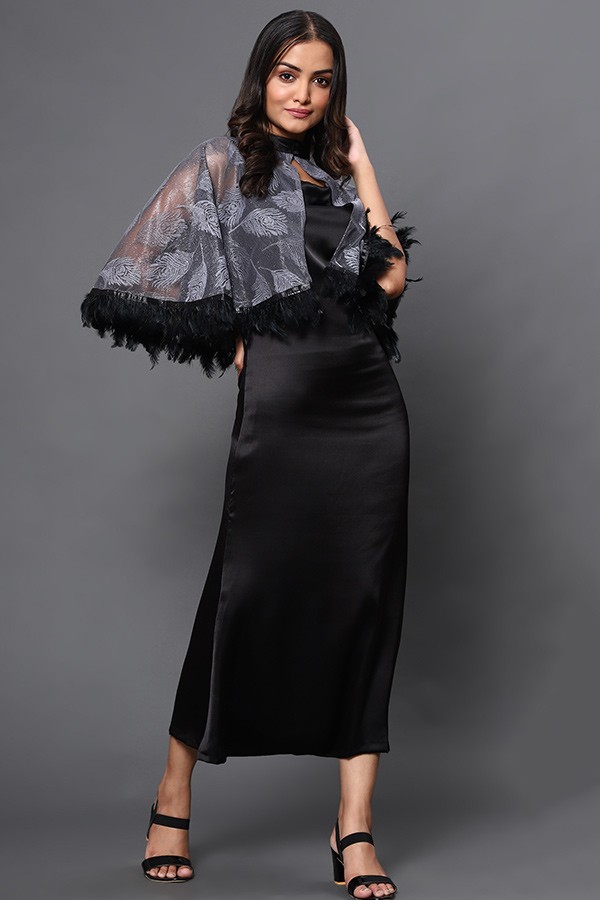 Cowl satin maxi with cape