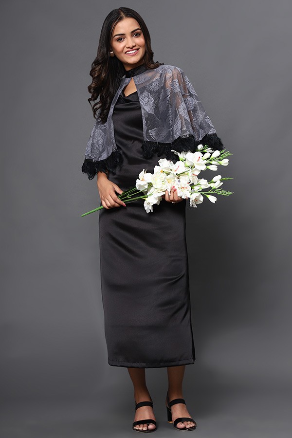 Cowl satin maxi with cape