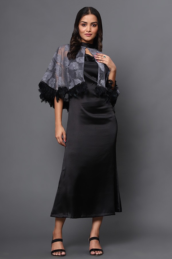 Cowl satin maxi with cape