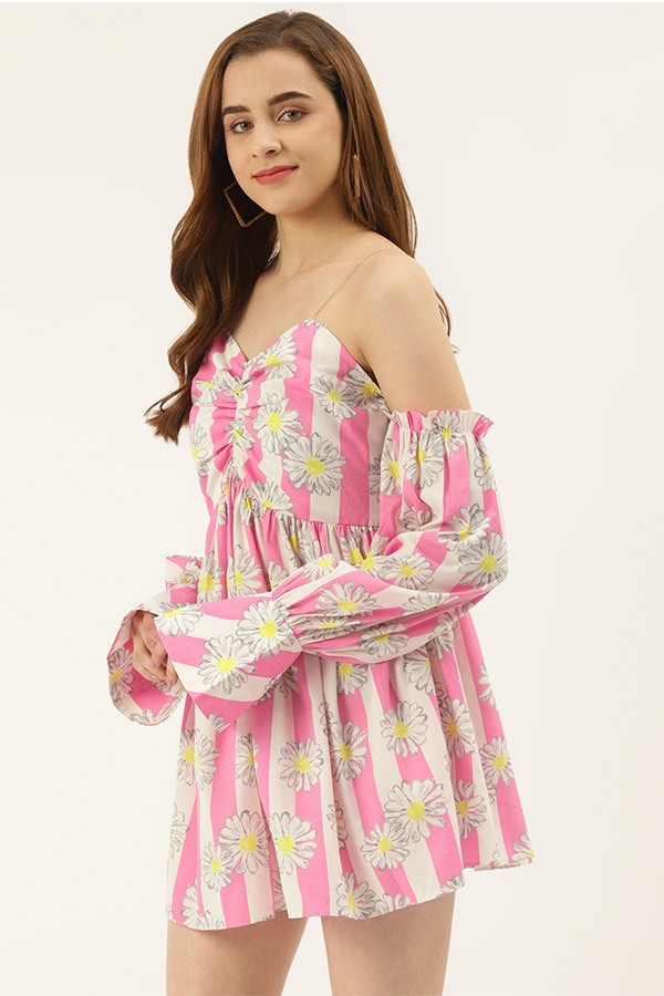 Pink Off-Shoulder Floral Printed Dress