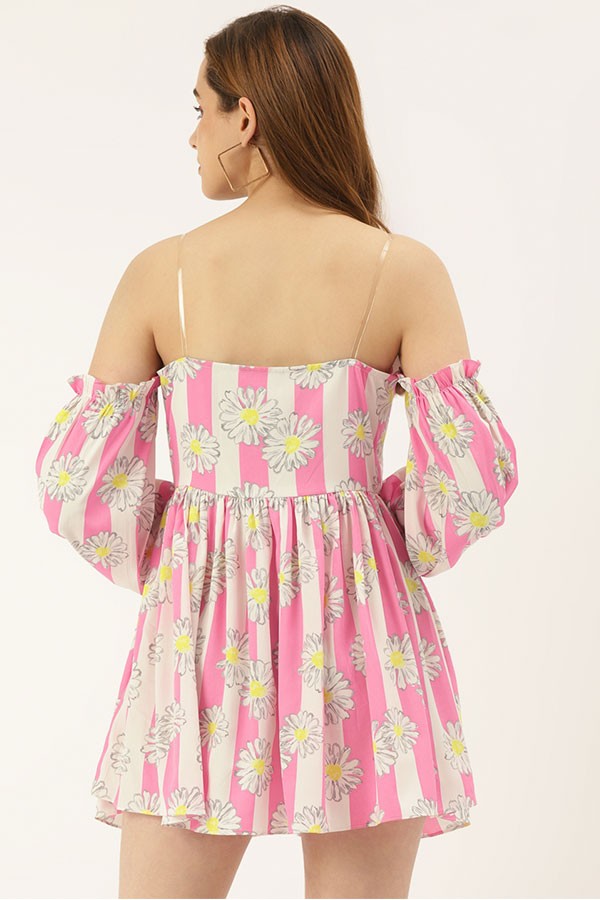 Pink Off-Shoulder Floral Printed Dress