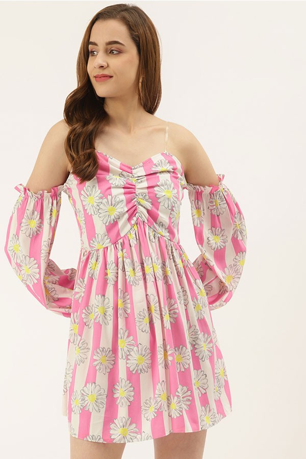 Pink Off-Shoulder Floral Printed Dress