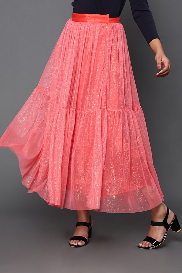 Pink Foil Net Gathered Skirt