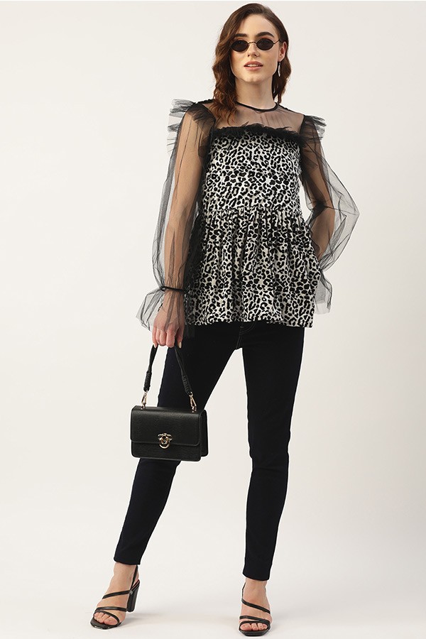 Animal Printed Ruffles Velvet Peplum Top