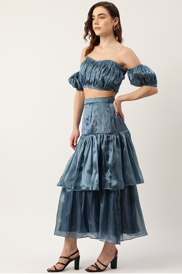 Blue Pleated Top with Layered Skirt