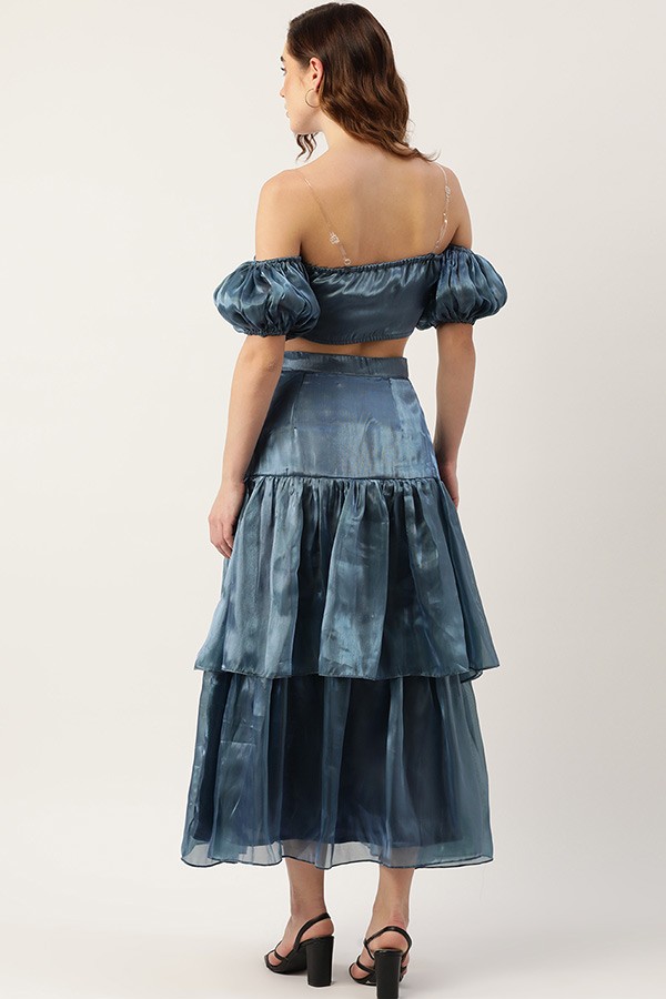 Blue Pleated Top with Layered Skirt