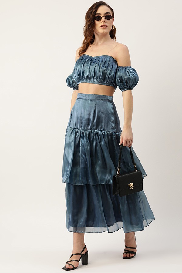 Blue Pleated Top with Layered Skirt