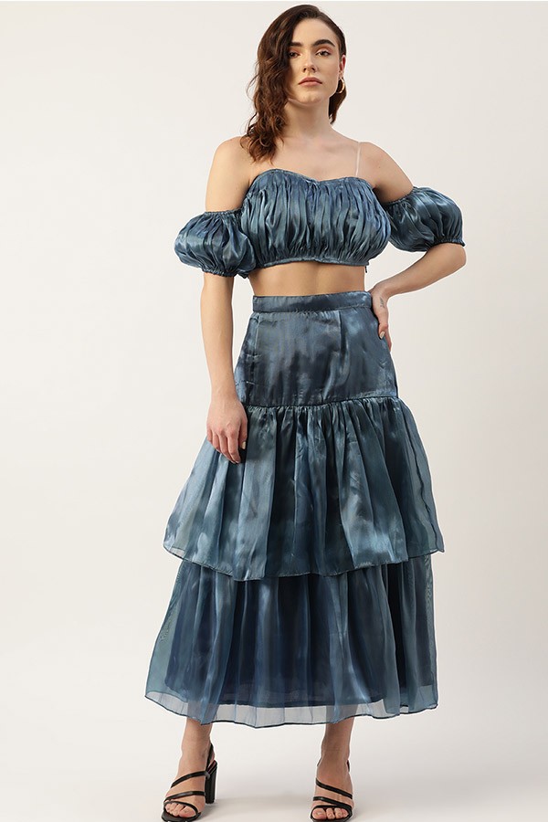 Blue Pleated Top with Layered Skirt