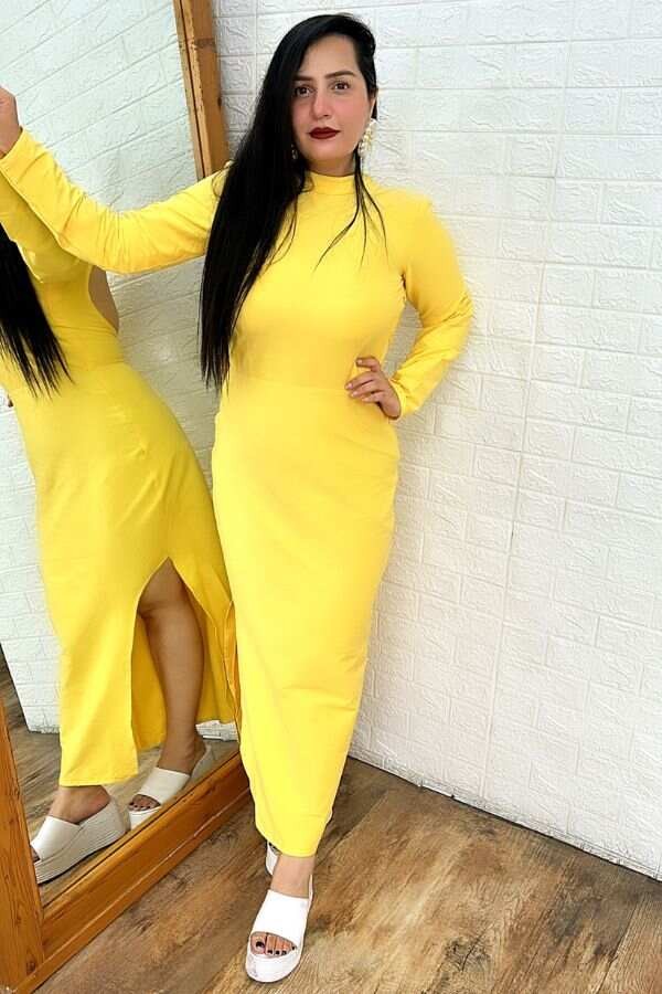 Yellow Lycra Backless Dress