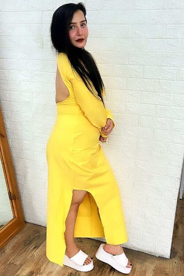 Yellow Lycra Backless Dress