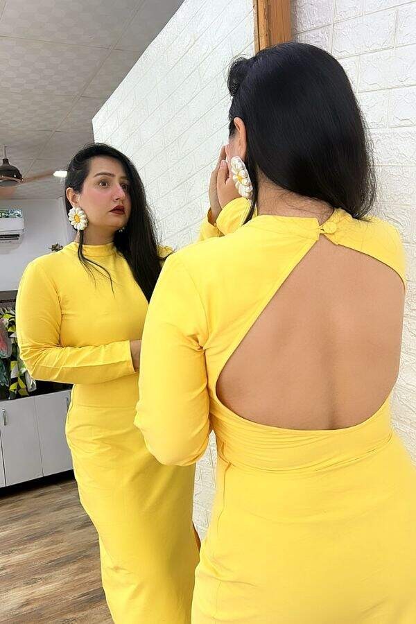 Yellow Lycra Backless Dress