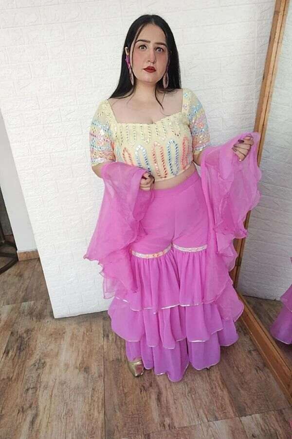 Yellow Blouse with Gharara and Organza Ruffled Dupatta