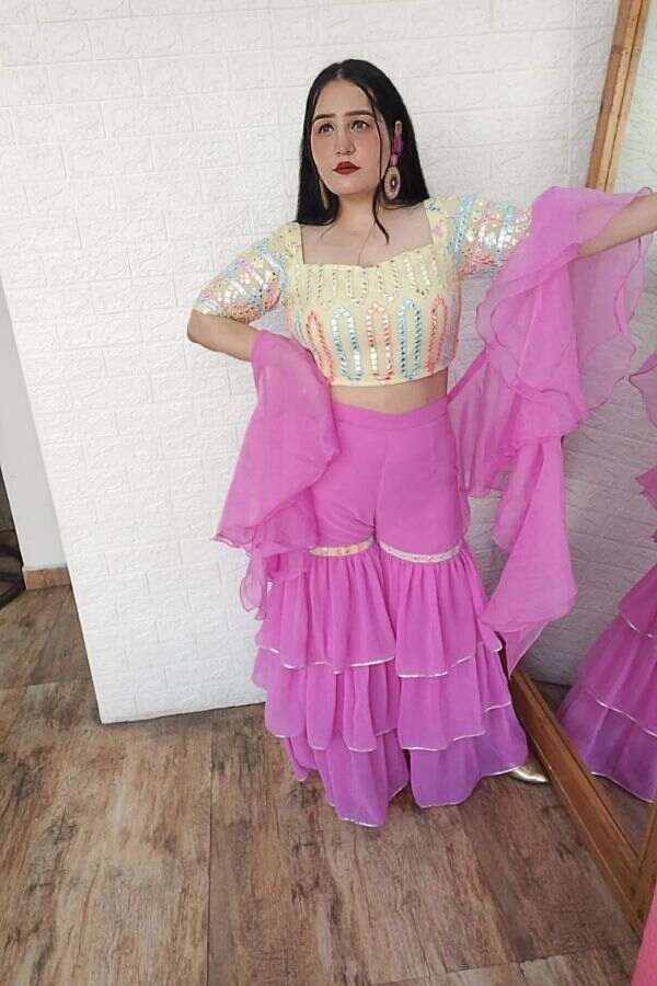 Yellow Blouse with Gharara and Organza Ruffled Dupatta