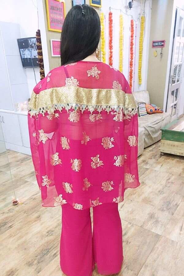 Pink Printed Cape with Golden Pleated Blouse & Pant