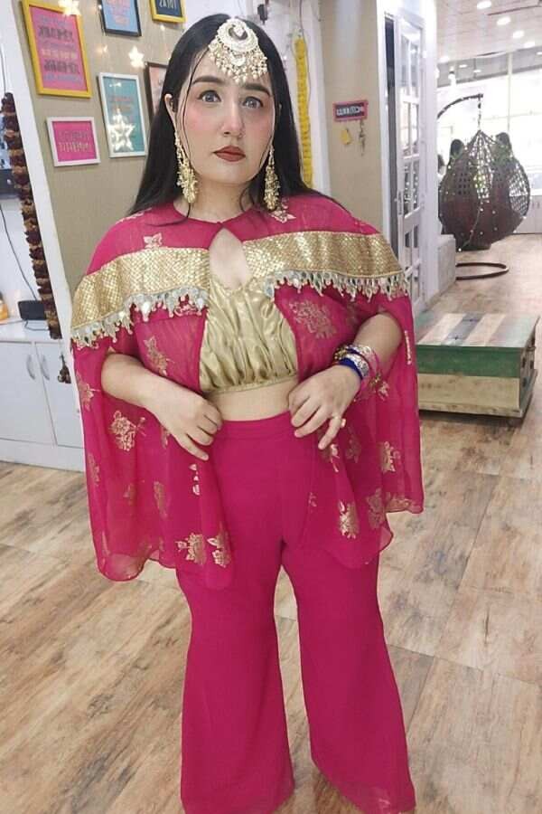 Pink Printed Cape with Golden Pleated Blouse & Pant