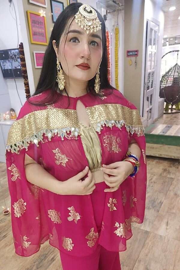 Pink Printed Cape with Golden Pleated Blouse & Pant