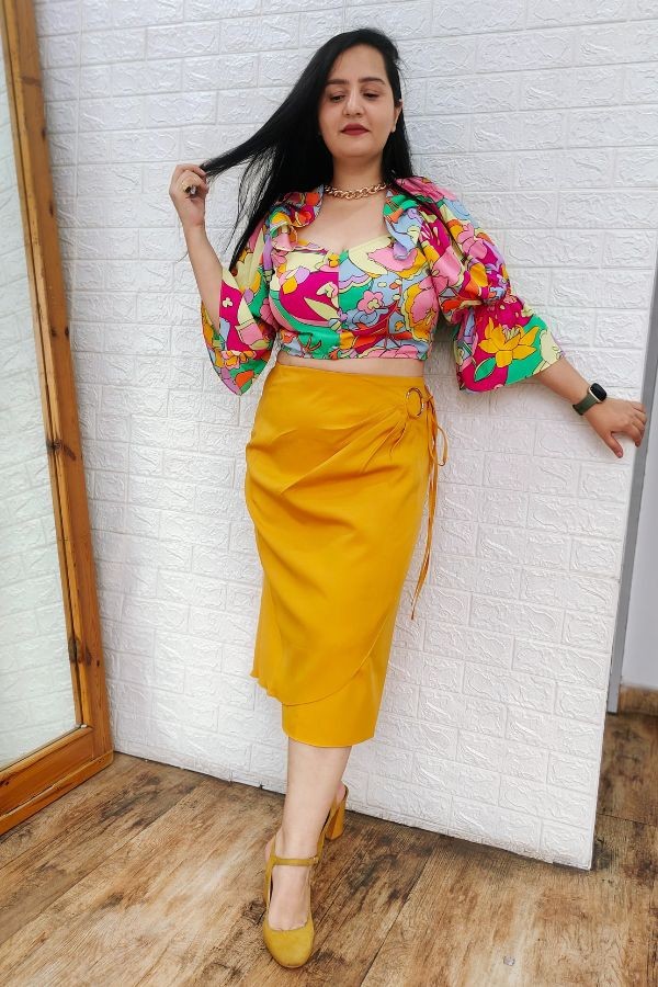 Floral Top with Mustard Draped Skirt