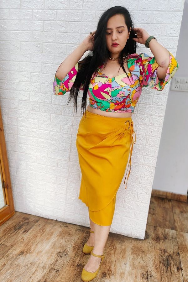 Floral Top with Mustard Draped Skirt